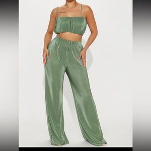 Fashion Nova Daisy Plisse Pant Suit- Color Sage